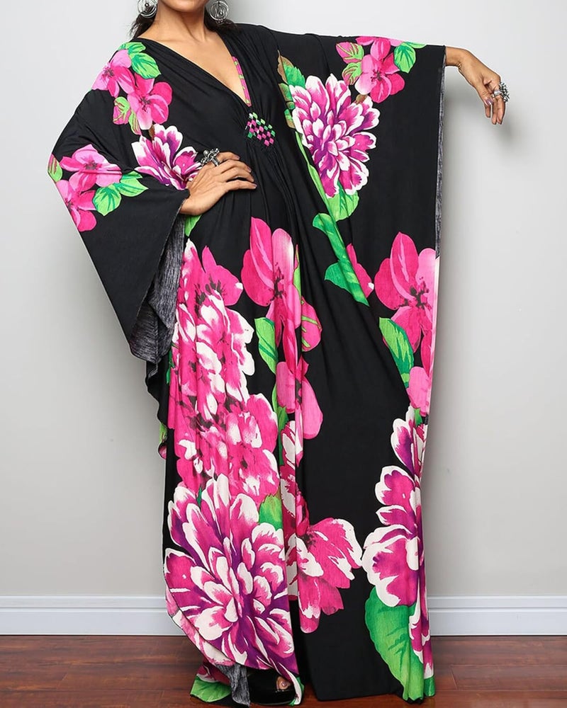 Bsubseach Women Ethnic Print Kaftan Beach Dress Plus Size Swimsuit Cover Up - Image 1